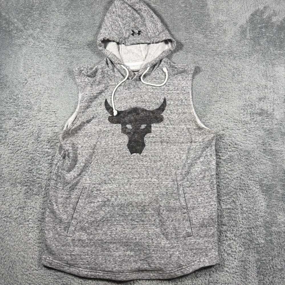 Under Armour Project Rock Sleeveless Hoodie Mens Large Grey Brahma Bull Gym Tank